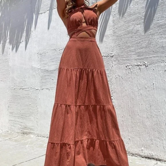 Burnt Orange Casual Womens Cut Out Crisscross Ruffle Hem Backless Halter Dress - Picture 5 of 5